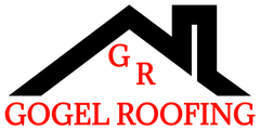 A logo for gogel roofing with a roof and a chimney.