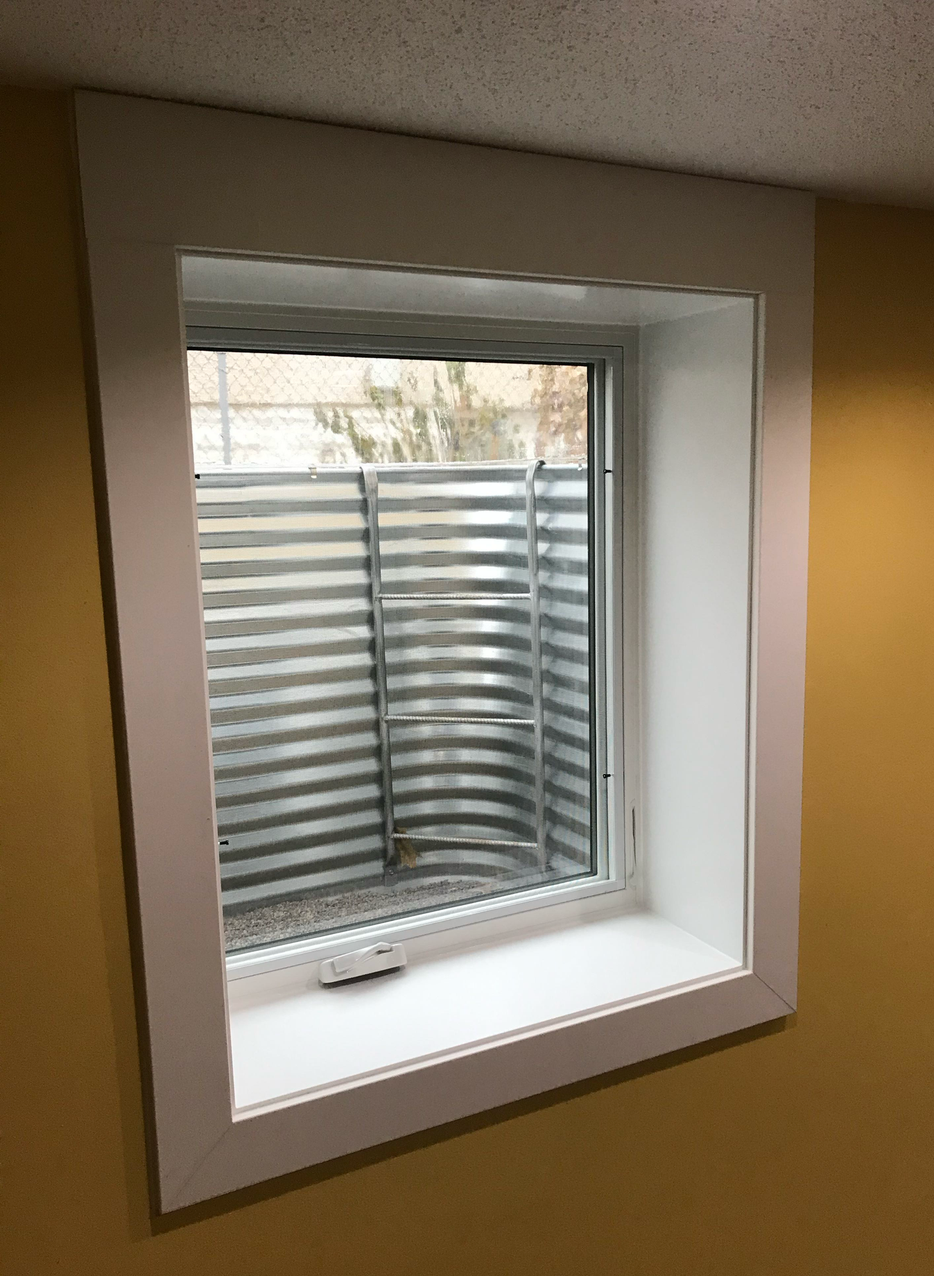 A window in a room with a metal fence in the background.
