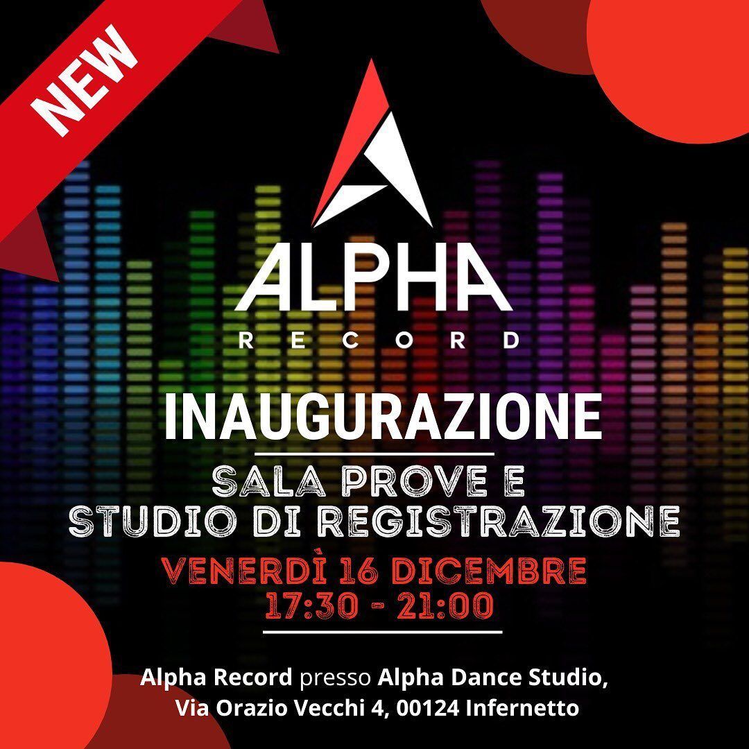 Annuncio dell'inaugurazione della nuova sala prove e dello studio di registrazione dell'Alpha Record, prevista per il 16 dicembre, dalle 17:30 alle 21:00.