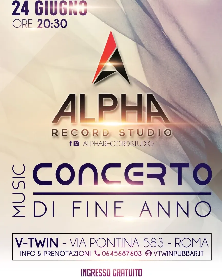 Manifesto per un concerto presso l'Alpha Record Studio il 24 giugno alle 20:30 a Roma. Presenta il logo dello studio e i dettagli dell'evento.