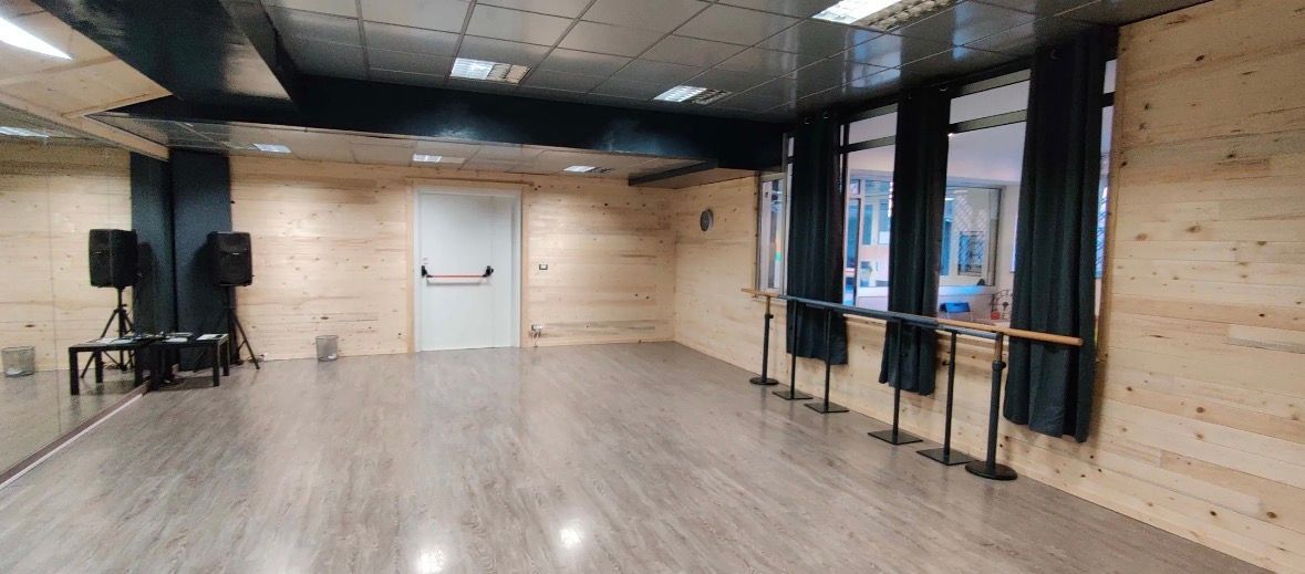 Studio di danza vuoto con pareti e pavimento in legno, parete a specchio e sbarra lungo le finestre.