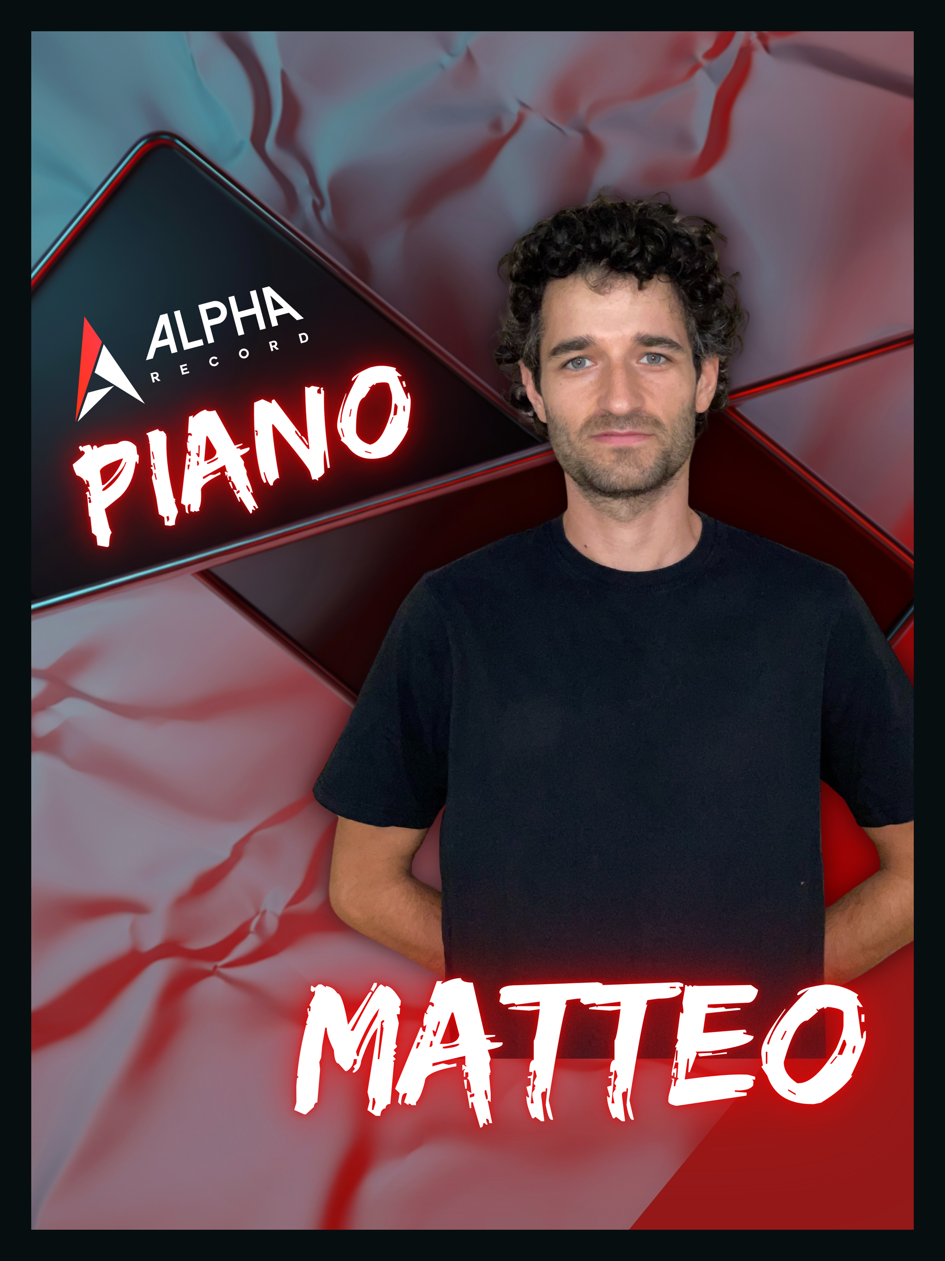 Matteo, insegnante di pianoforte, in un ambiente illuminato di rosso, con la scritta 