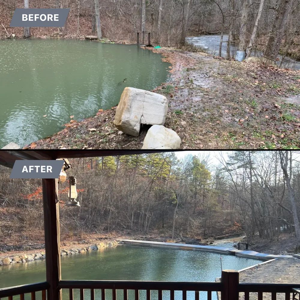 A before and after photo of a pond in the woods