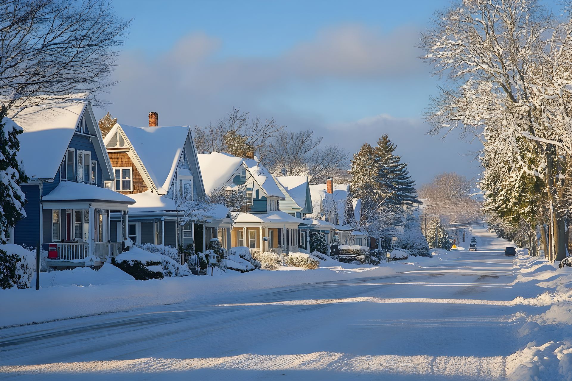 Snowy street with colorful houses, covered in snow, under a partly cloudy blue sky.