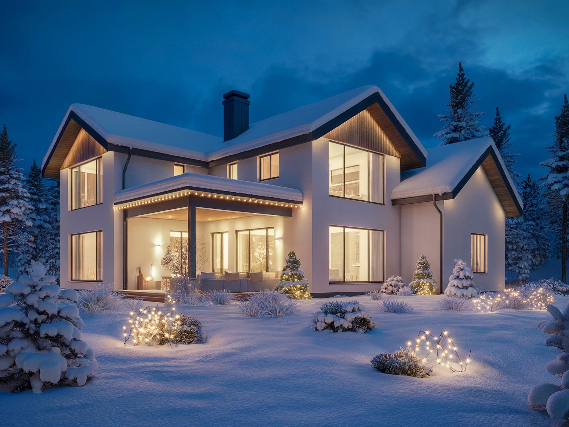 Snowy house at night, lit windows, string lights, pine trees.