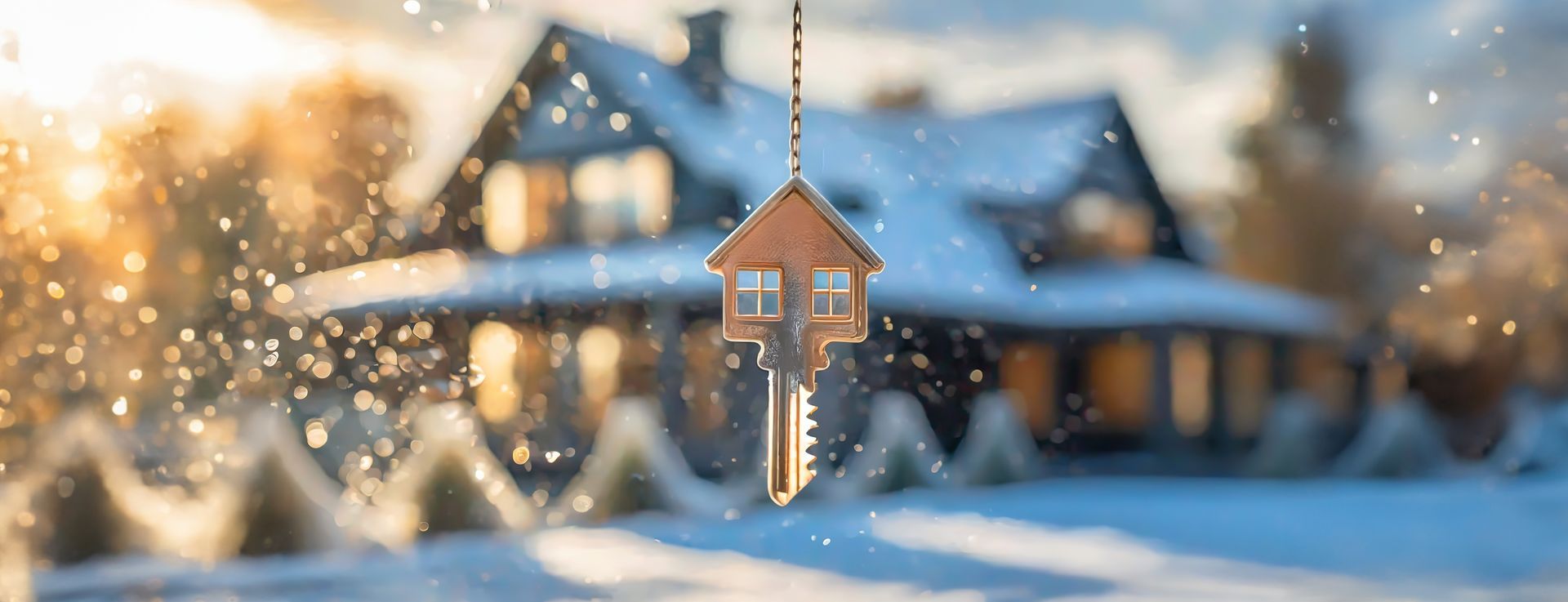 Key with house-shaped charm in front of snowy house; winter scene with falling snowflakes and warm sunlight.