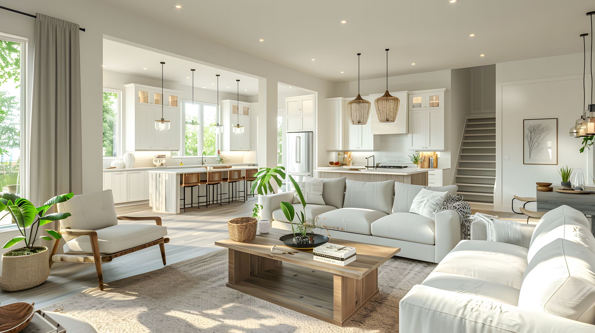Bright living room with open kitchen. White walls, light wood furniture, large windows.