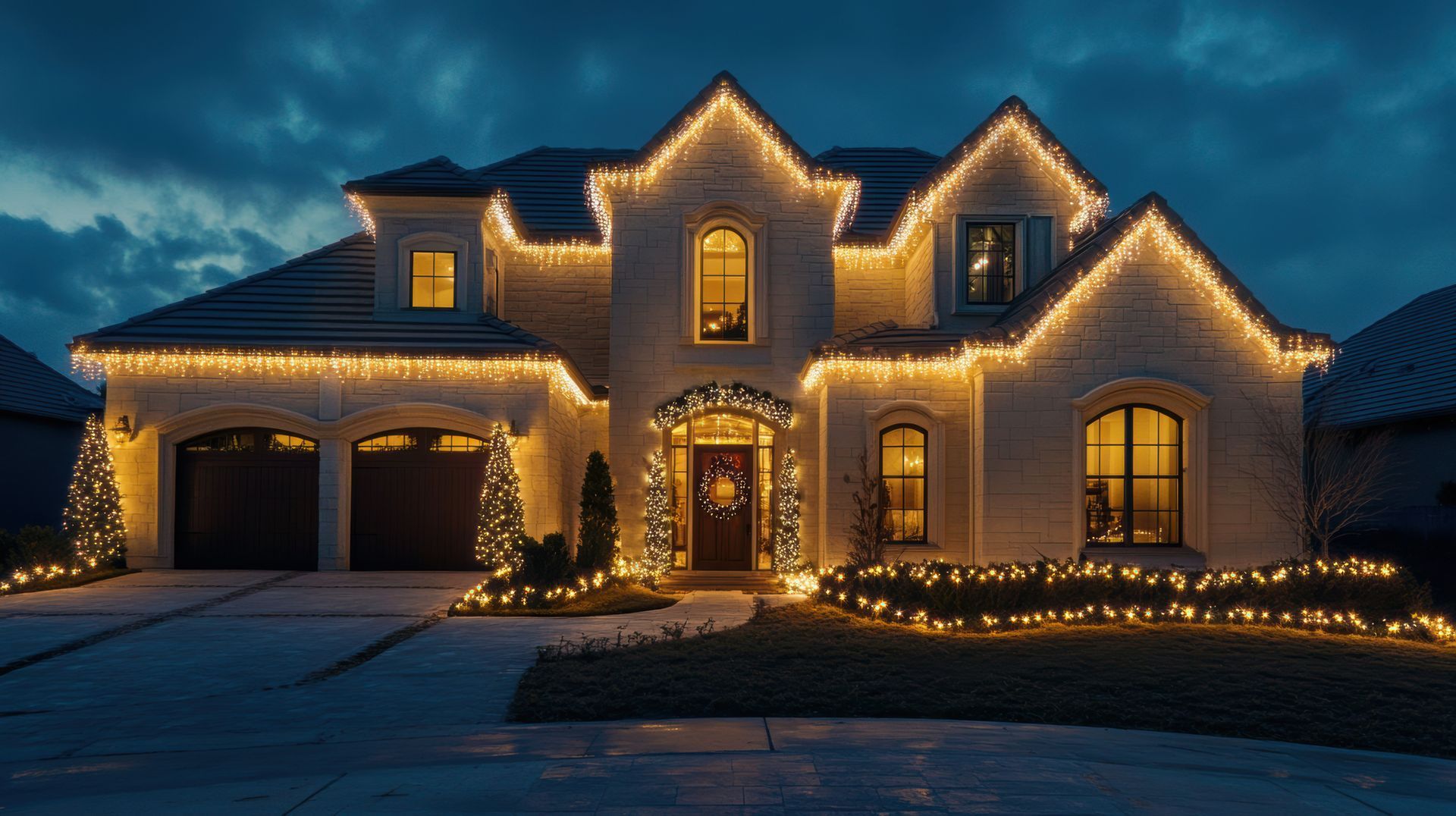 House with Christmas lights illuminated at night.