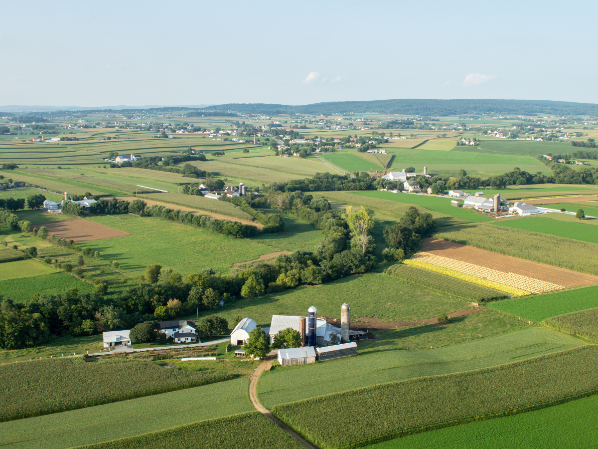 Aerial view of a farm with white buildings, silo, and green fields in a valley under a sunny sky. Aerial view of a farm with white buildings, silo, and green fields in a valley under a sunny sky.