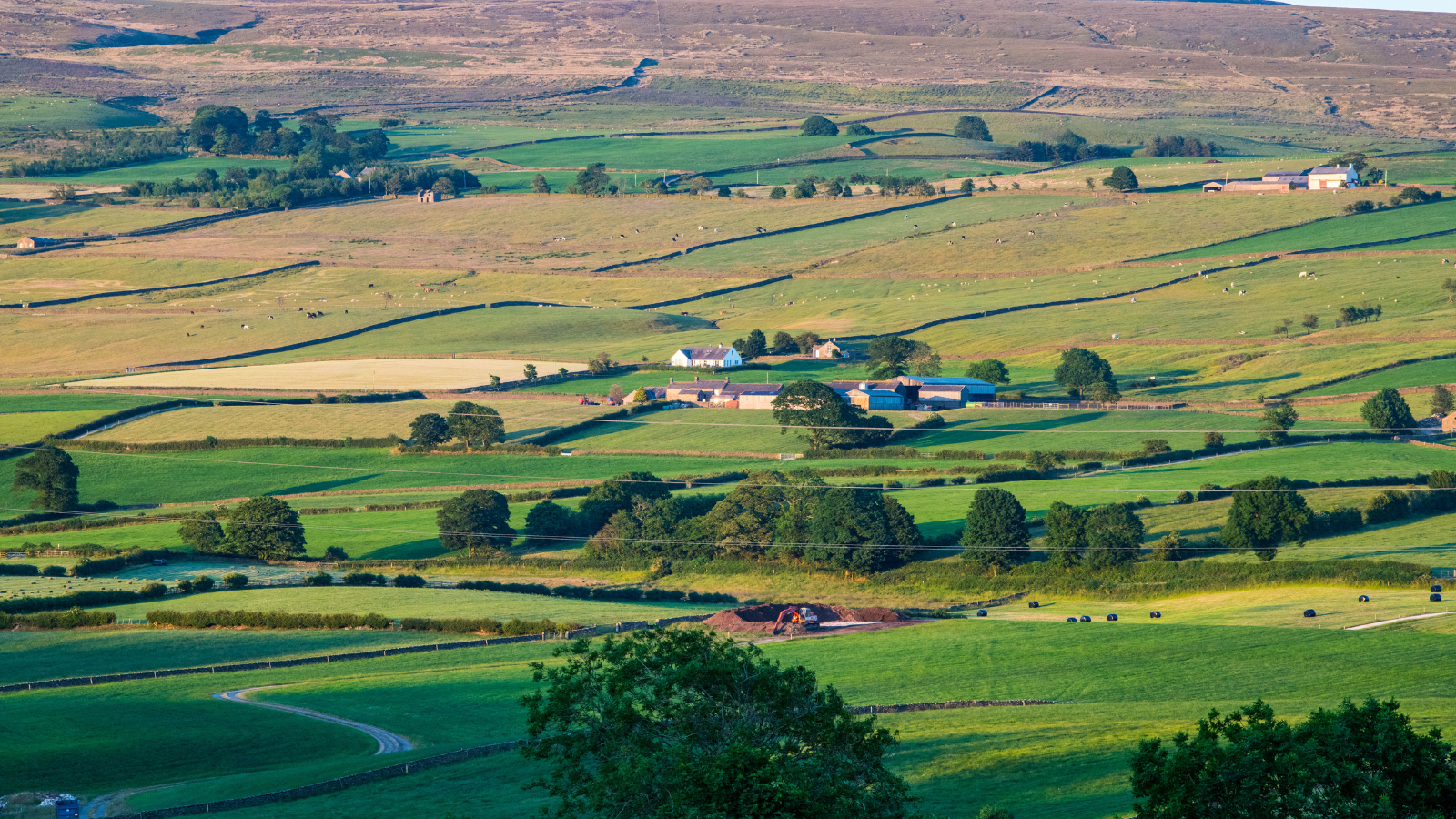 An aerial view of a lush green field with a farm in the distance in Lancaster County.