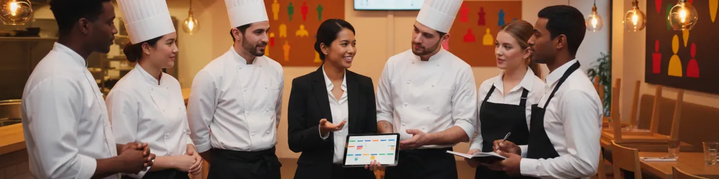A modern restaurant scene showing diverse staff during a pre-shift meeting. In the foreground, a confident manager with a tablet is explaining schedules while surrounded by attentive team members in both chef whites and server uniforms.