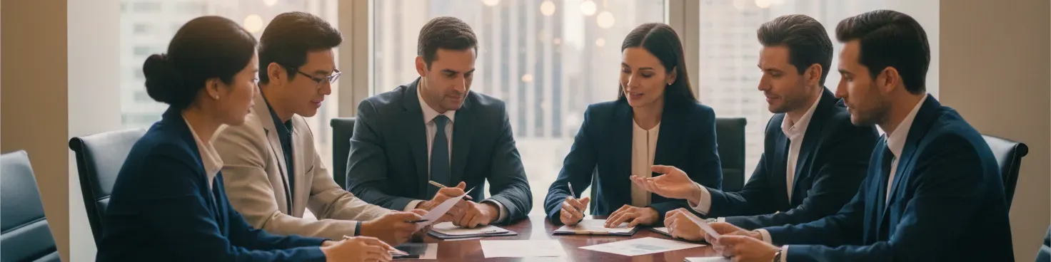 Professional sales team meeting in modern office environment
