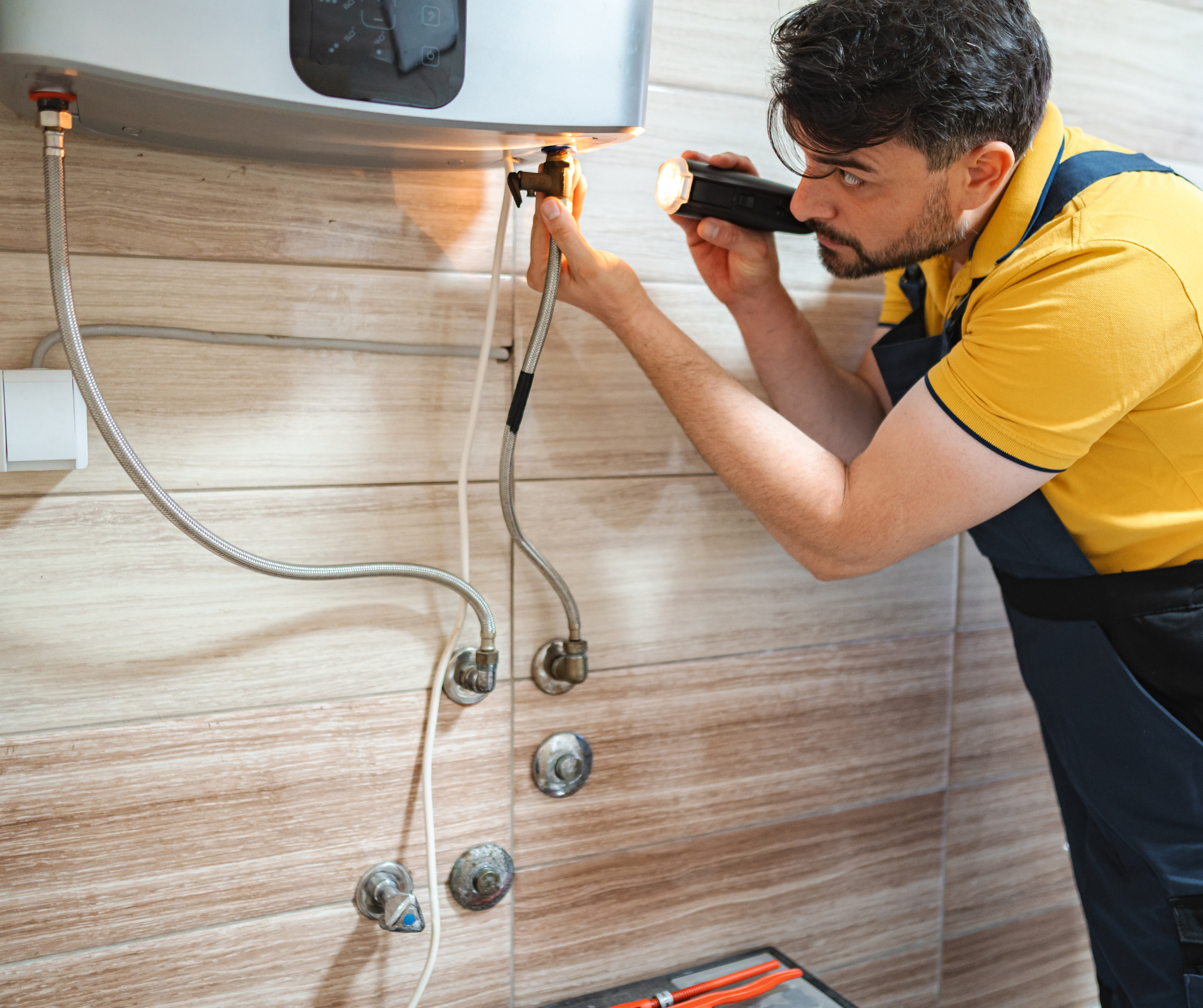 Plumber inspects water heater with a flashlight in a bathroom.