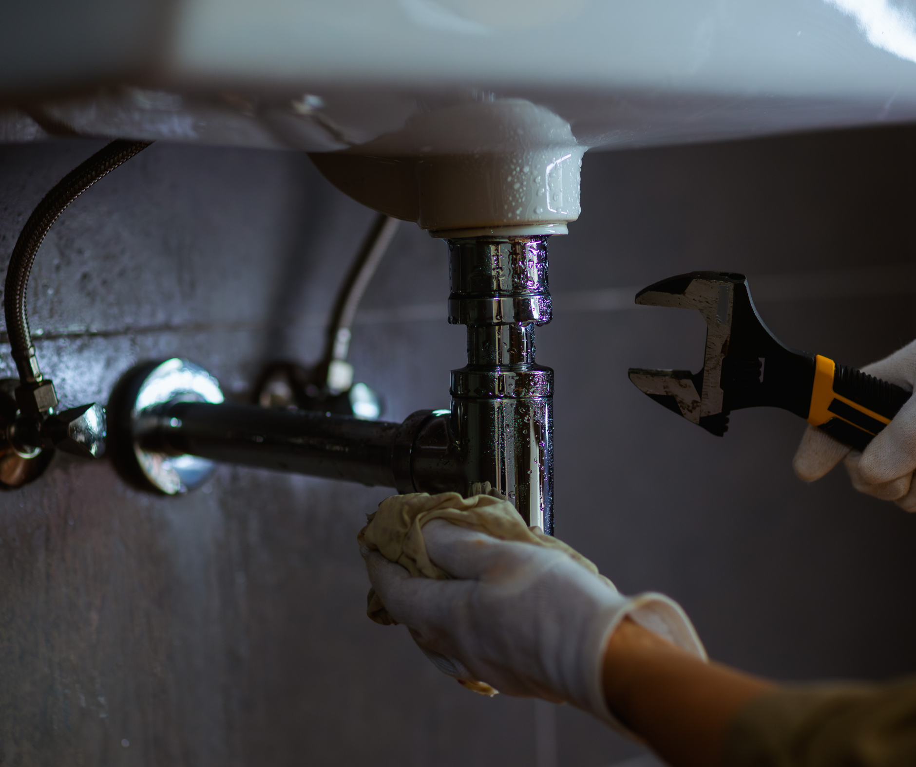 Person with gloves, using a wrench and cloth to work on plumbing under a sink.