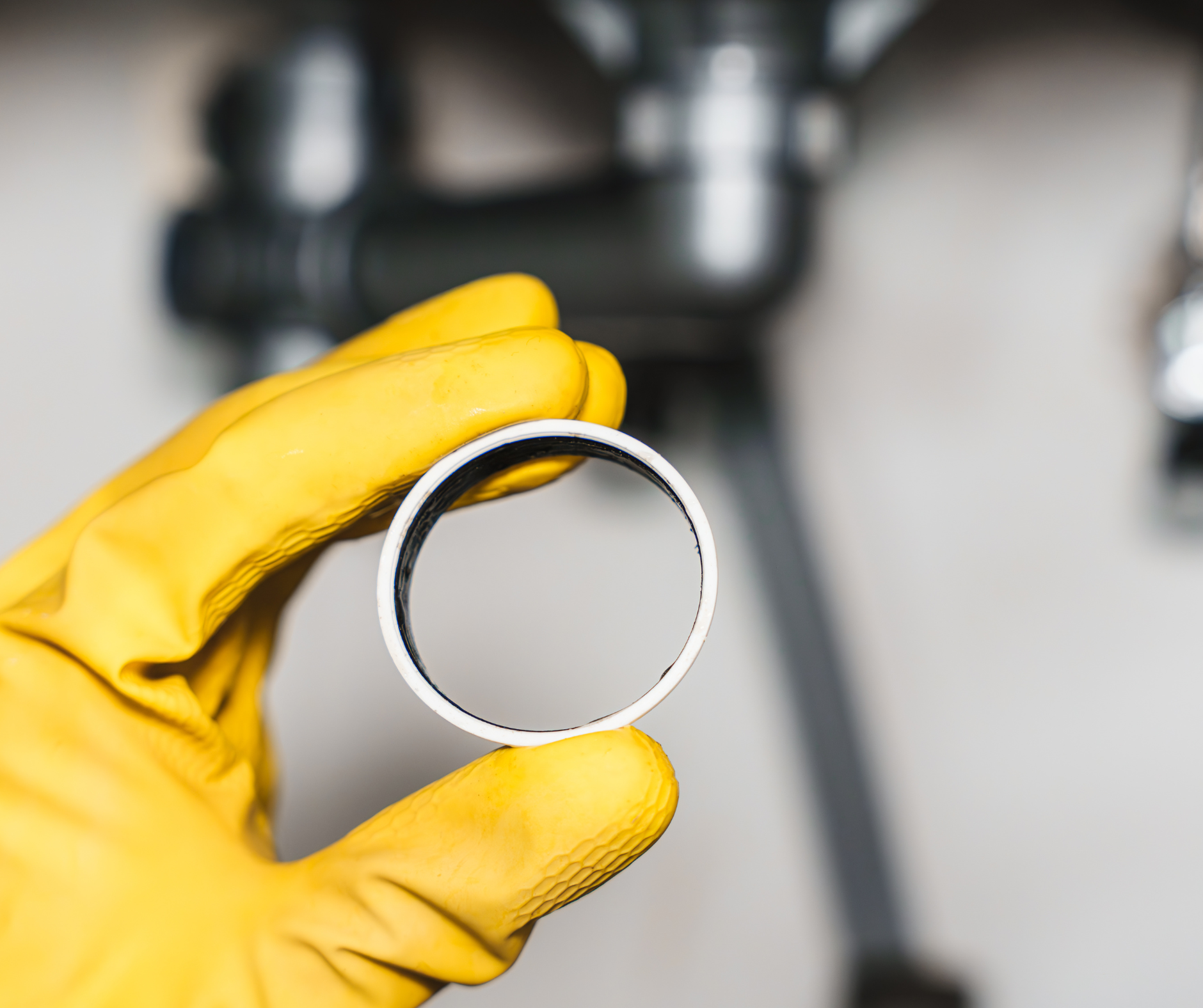 Yellow-gloved hand holding a white pipe ring near plumbing.