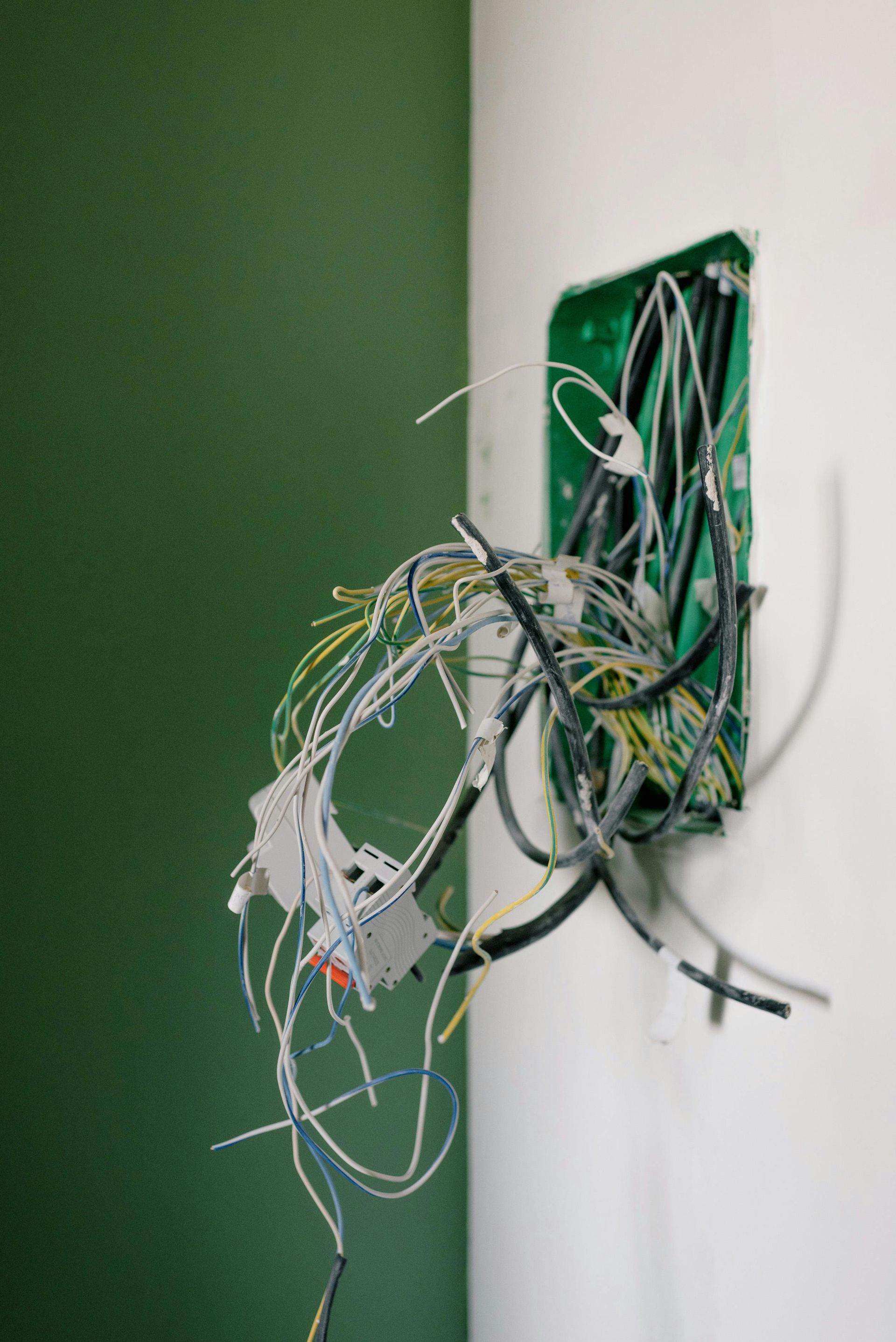 Exposed electrical wires spilling out of a wall box on a green and white wall.