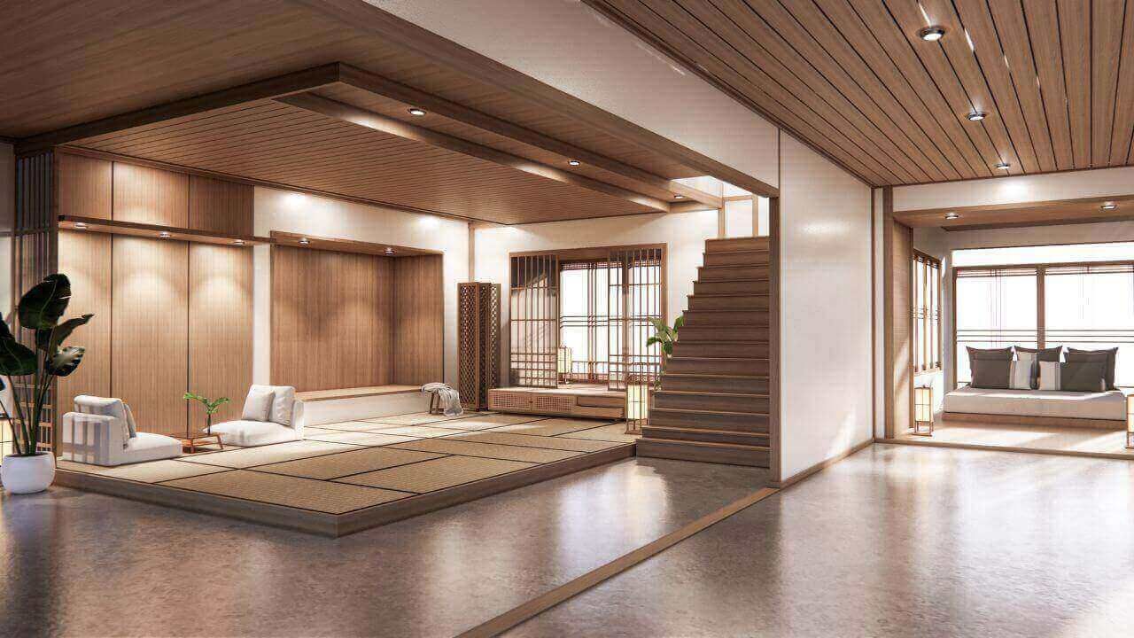 Modern living room with wooden floors and ceiling.