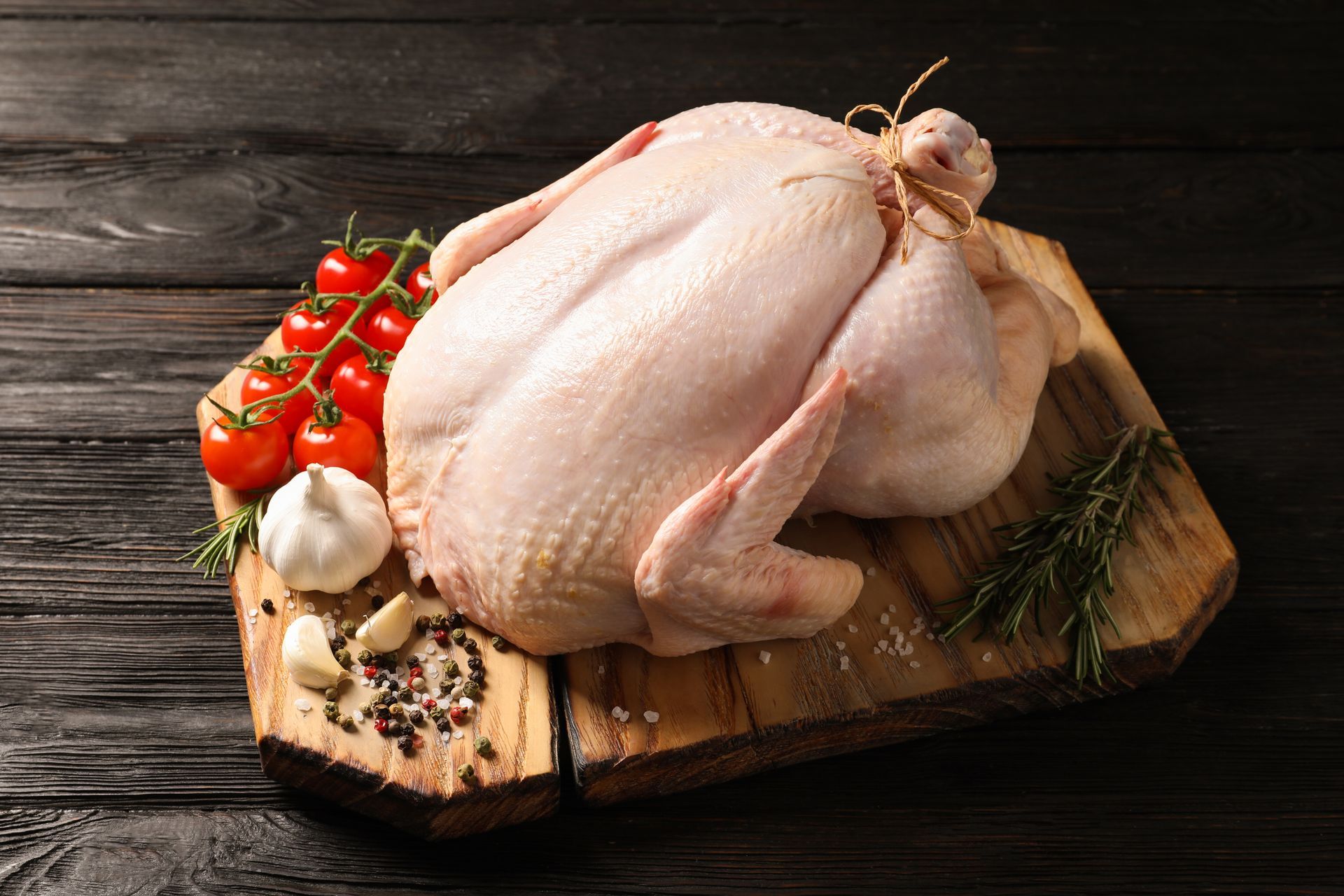 Raw whole chicken on a wooden cutting board with cherry tomatoes, garlic, herbs, and peppercorns