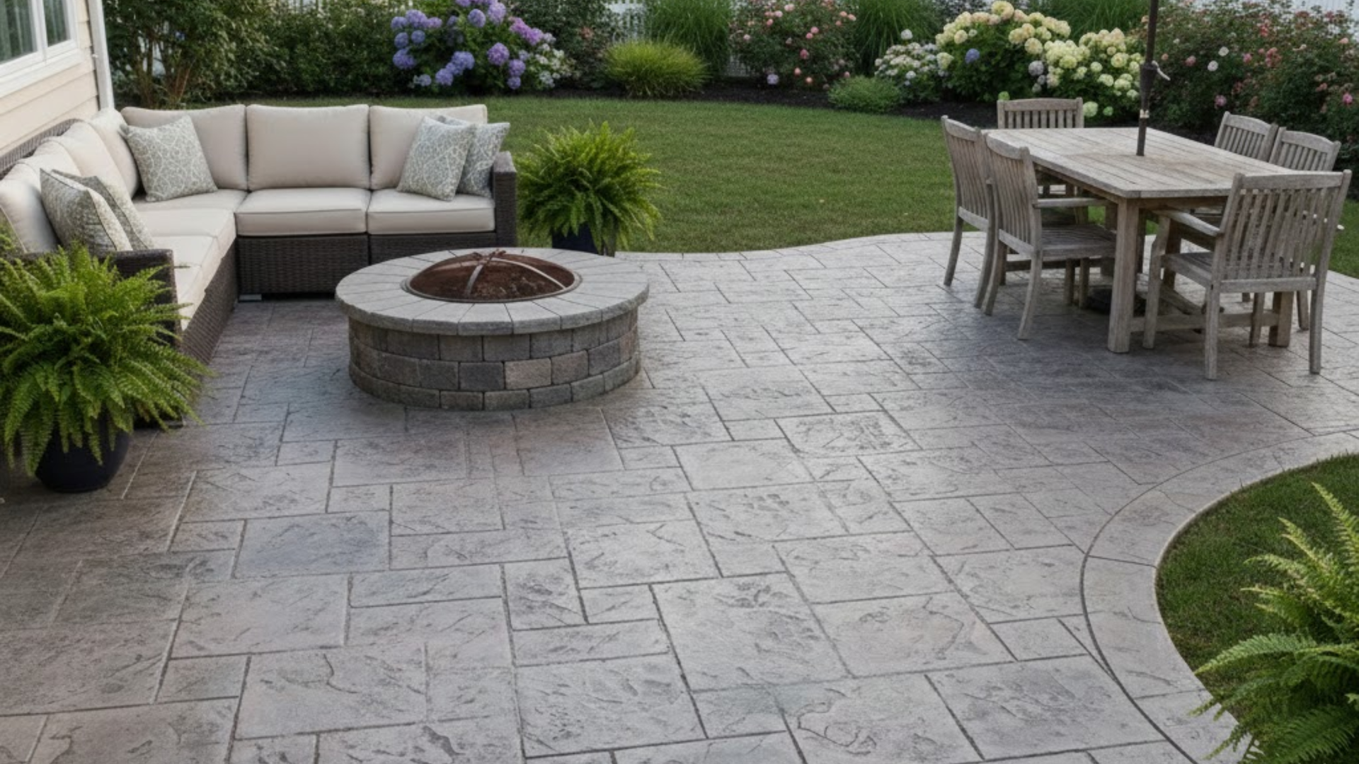 Ashlar slate stamped concrete patio installed at a residential home in Austin TX.