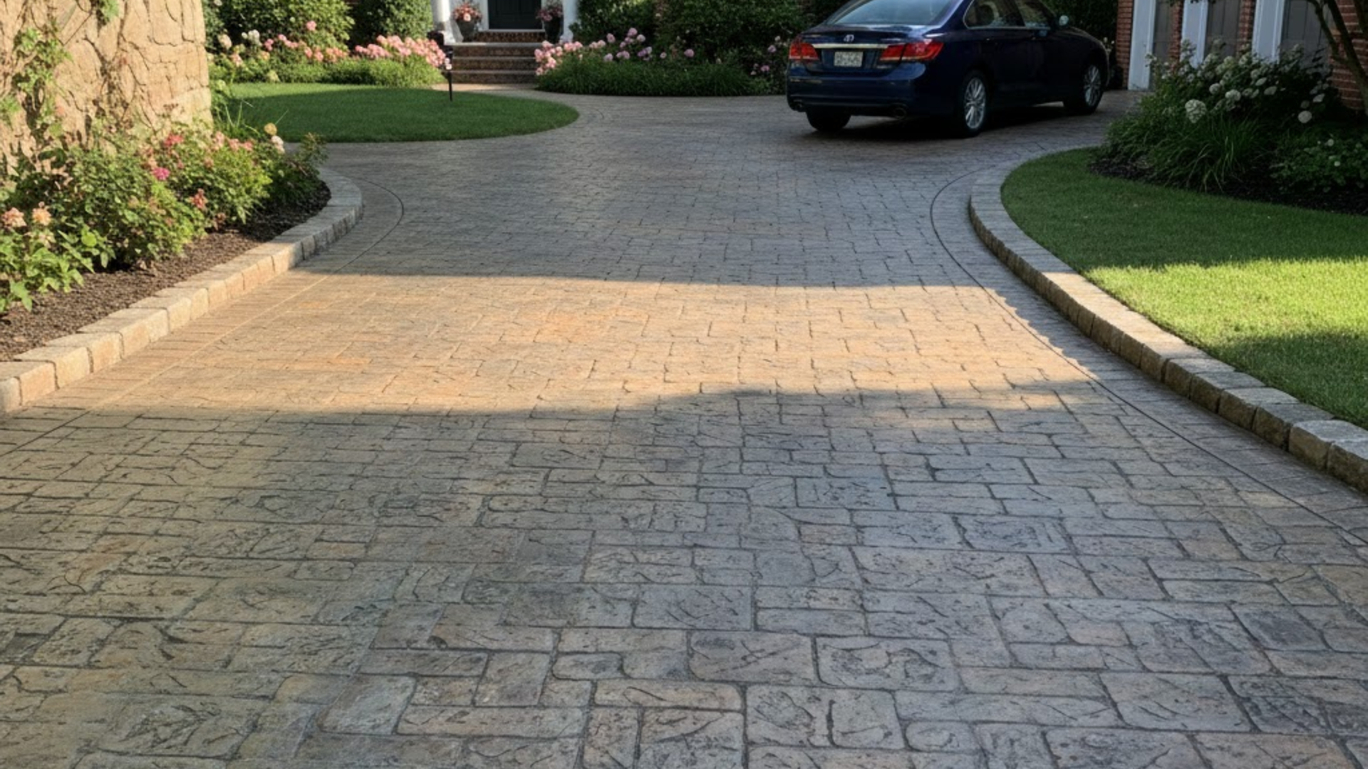 Cobblestone stamped concrete pattern installed on a residential driveway in Austin.