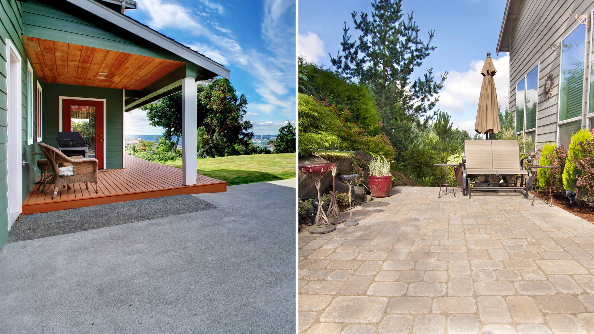 Side-by-side comparison of a concrete patio and a paver patio at a residential home in Austin TX.
