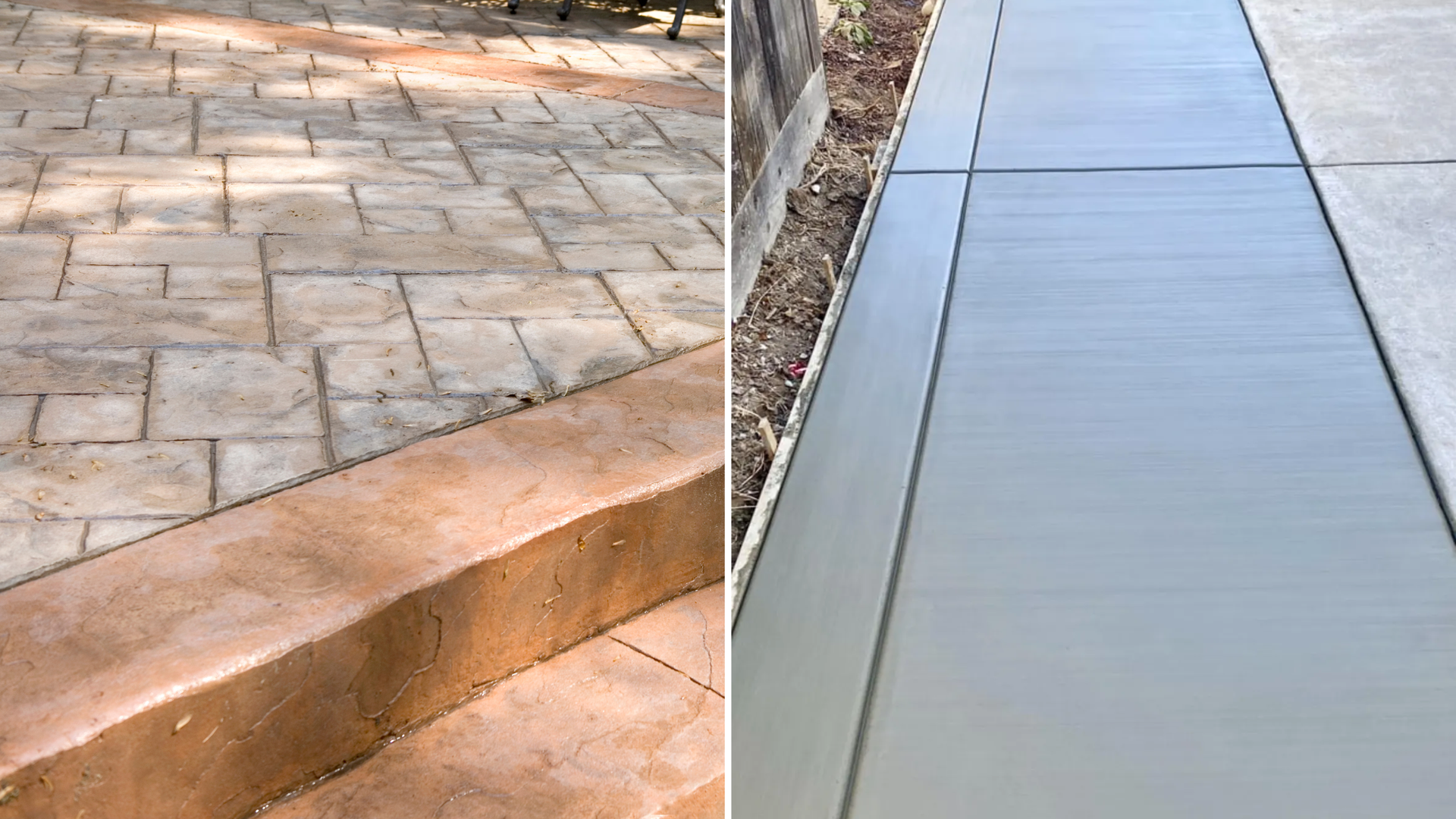Stamped concrete and brushed concrete finishes compared on a residential patio in Austin.