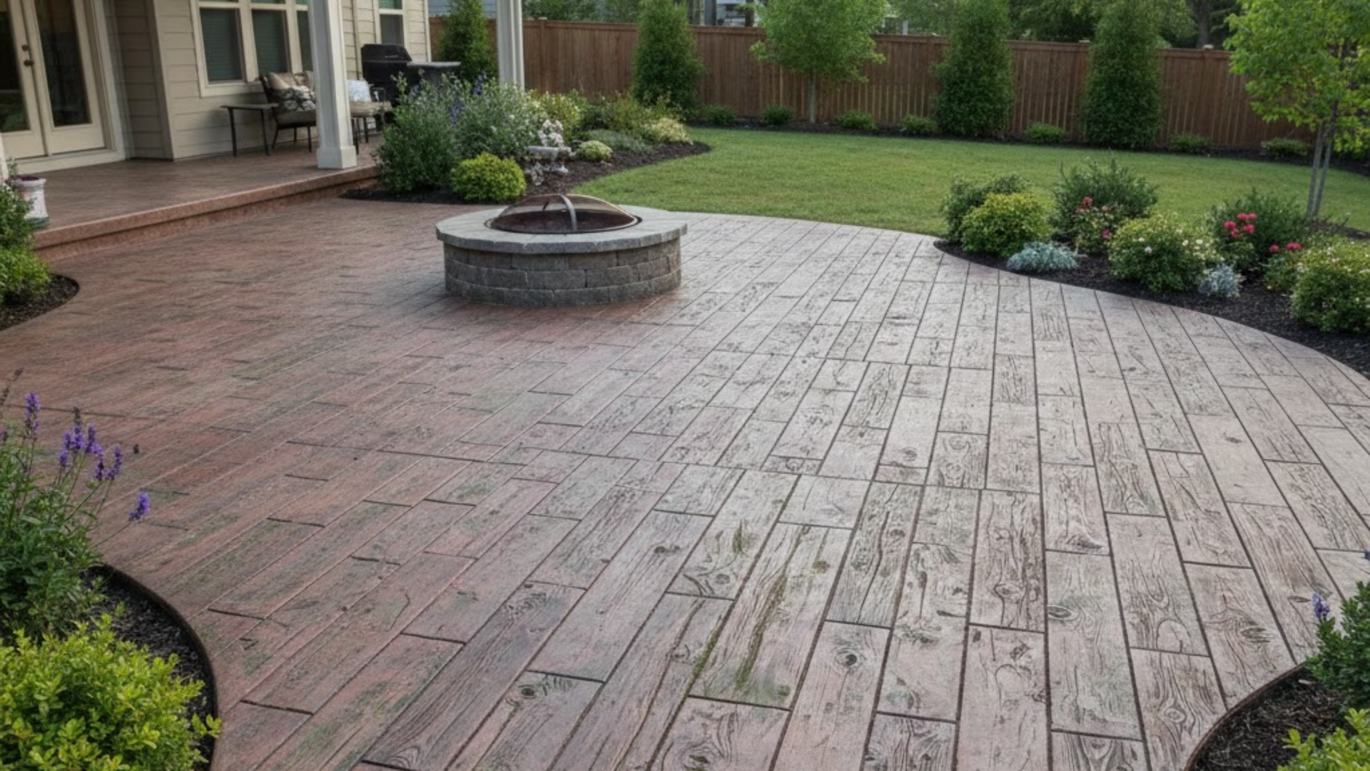 Wood plank stamped concrete patio designed to resemble hardwood decking in Austin TX.