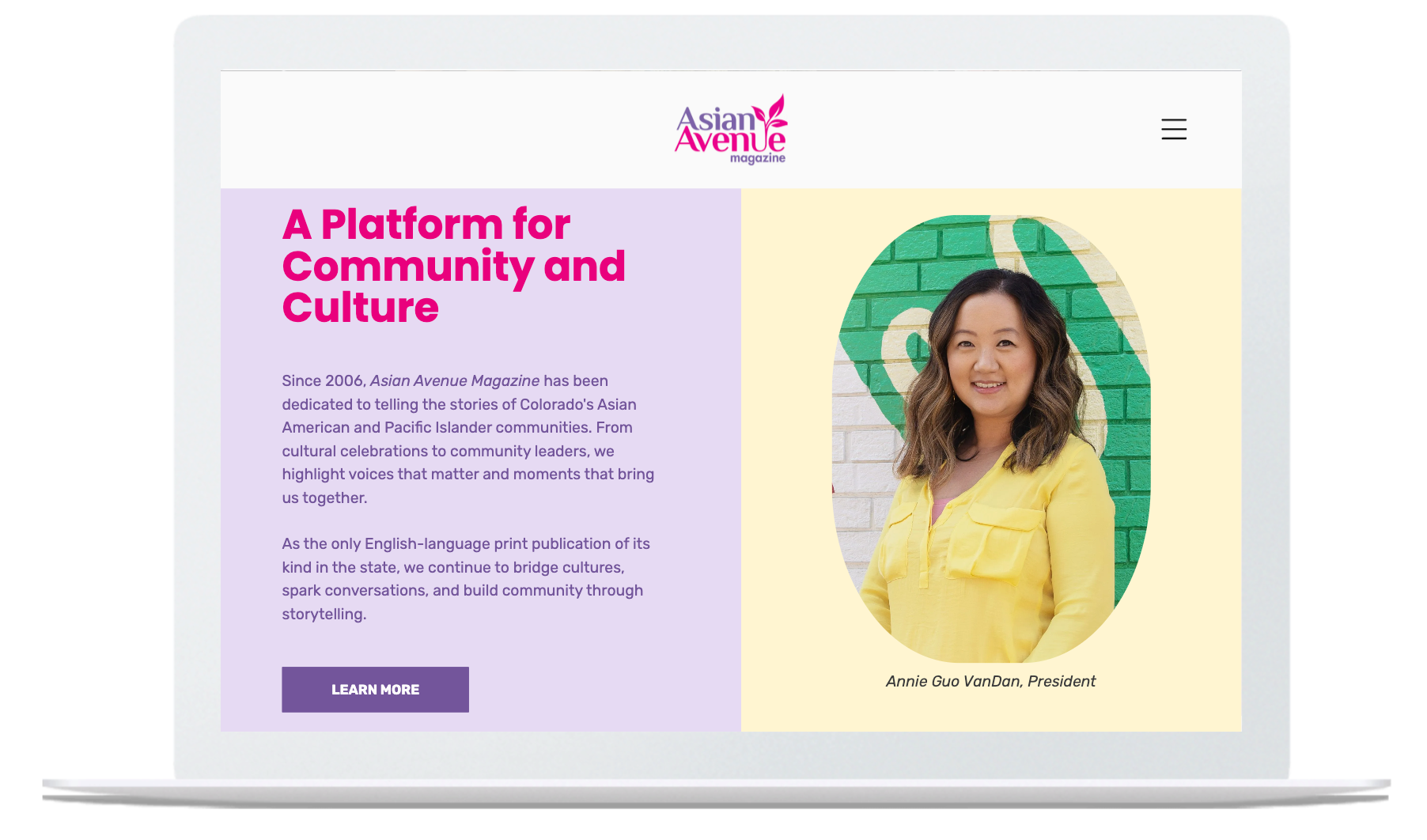 Laptop screen displaying the Asian Avenue platform with a woman, website title, and purple button.