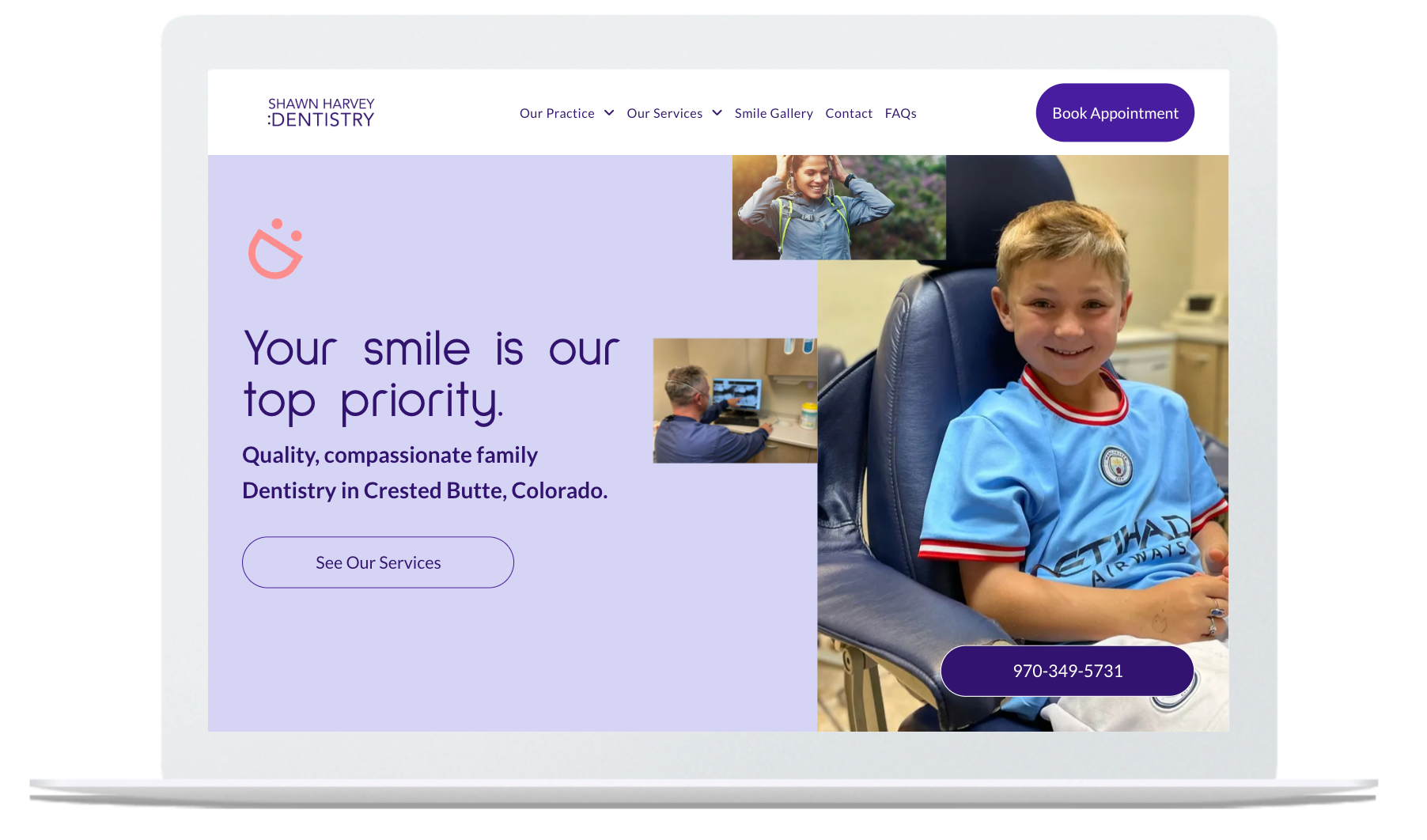 Boy smiling in dental chair. Pediatric dental office in Centennial, Colorado.