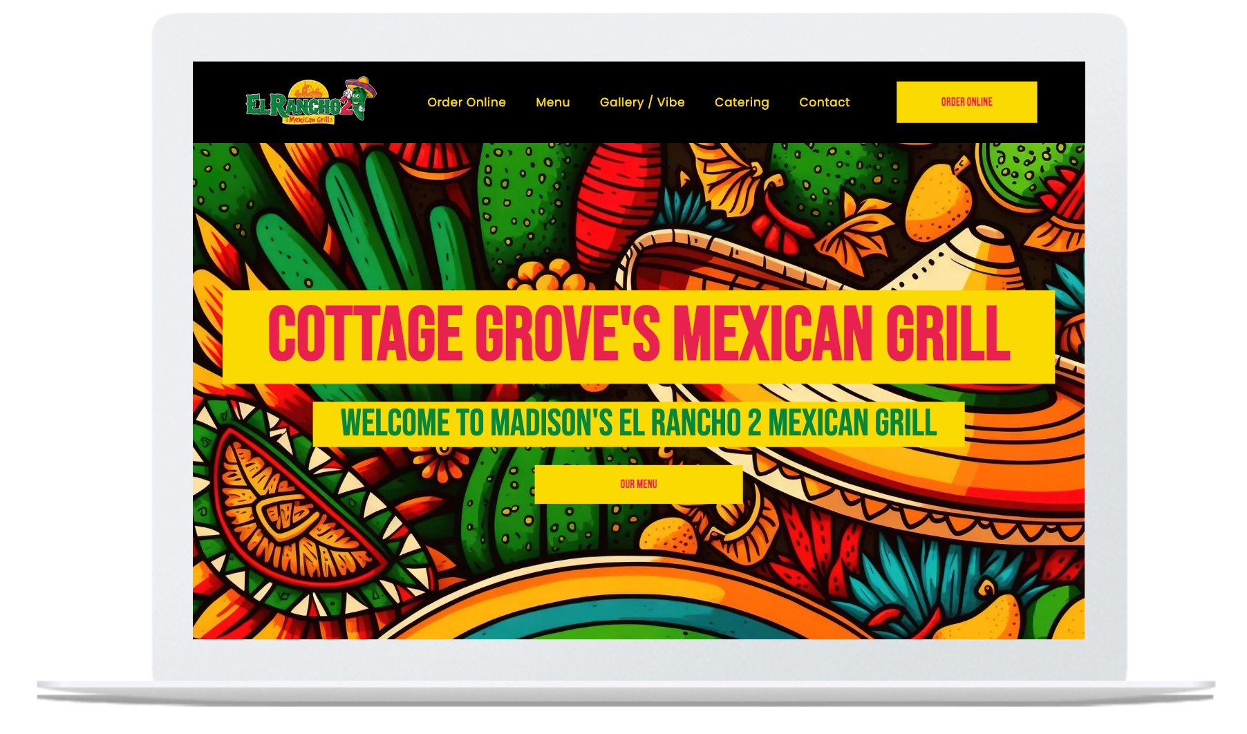 Laptop screen displaying Cottage Grove's Mexican Grill website with colorful food graphic.