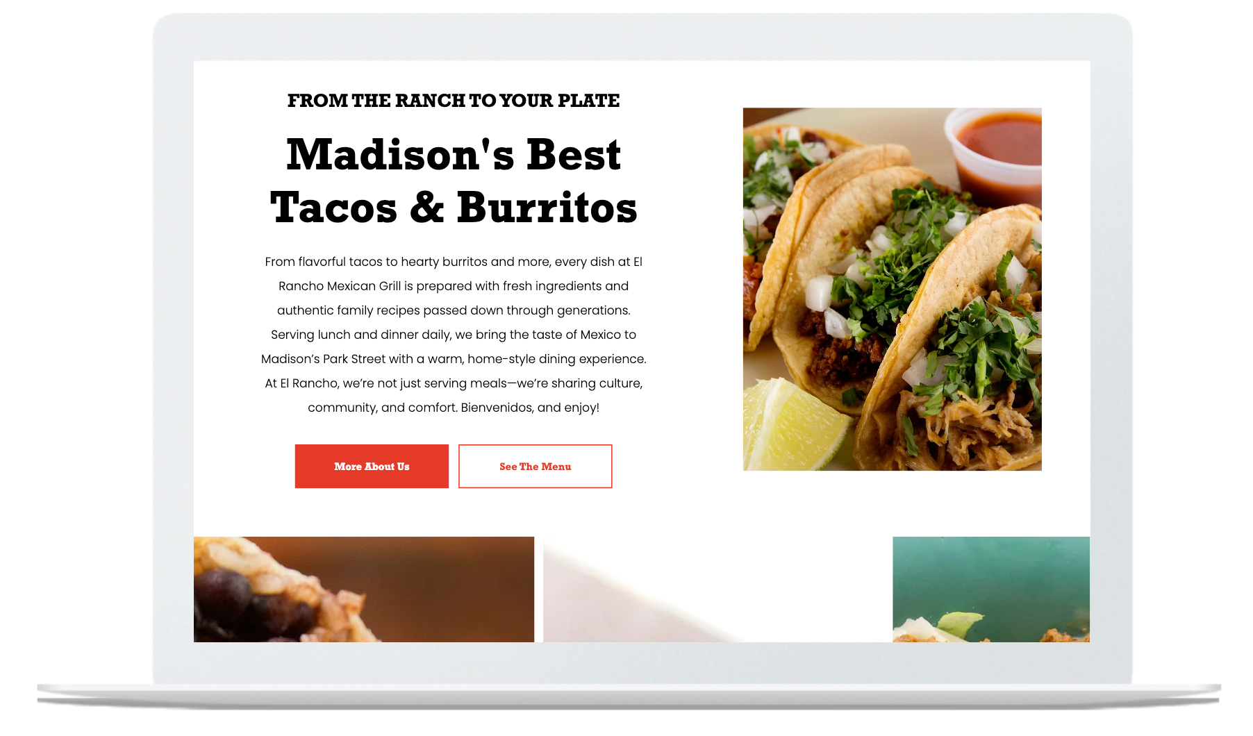 Laptop displaying Madison's Best Tacos & Burritos website with taco image and a red 