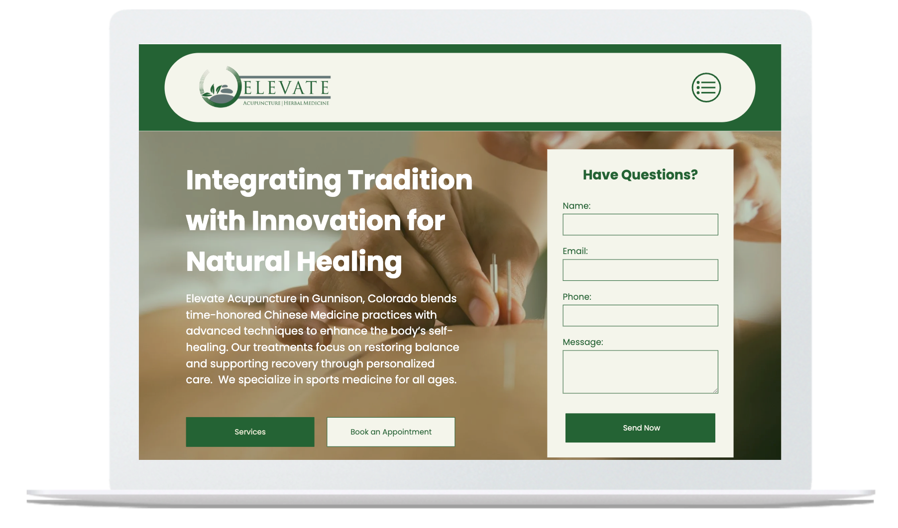 Laptop screen displaying a website: text 