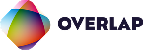 A logo for overlap with a colorful circle in the middle