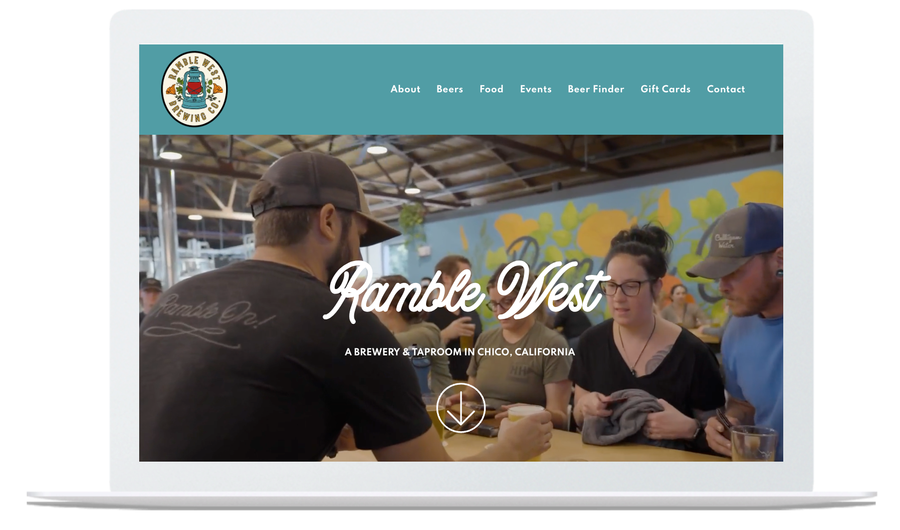 Ramble West brewery website on a laptop, with people at a bar in a lively setting.
