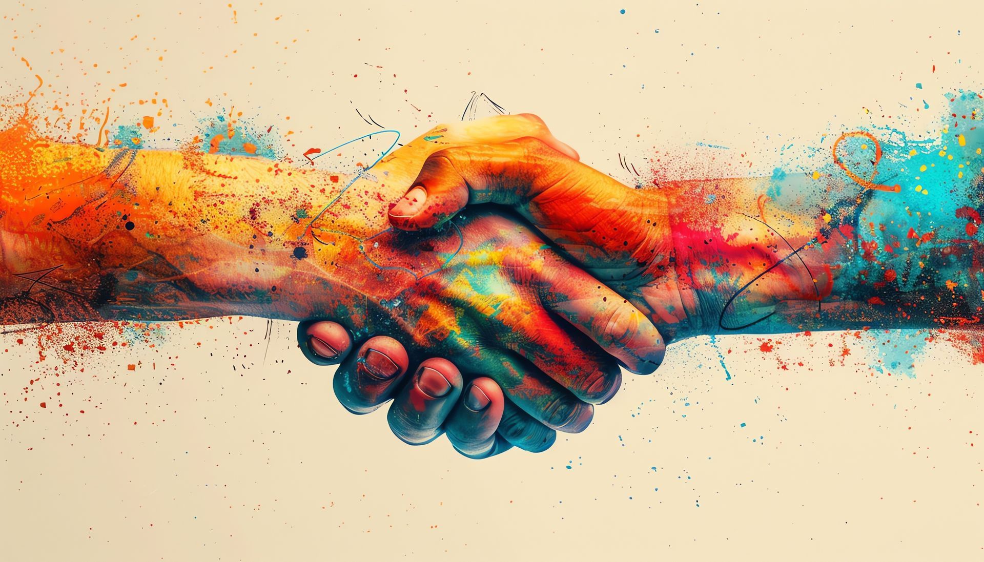 A colorful painting of two people shaking hands.