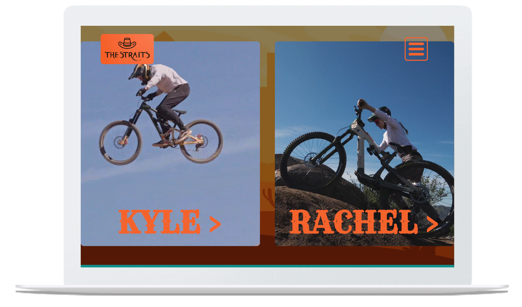 Laptop screen showing two mountain bikers, Kyle jumping and Rachel riding on a rocky trail.