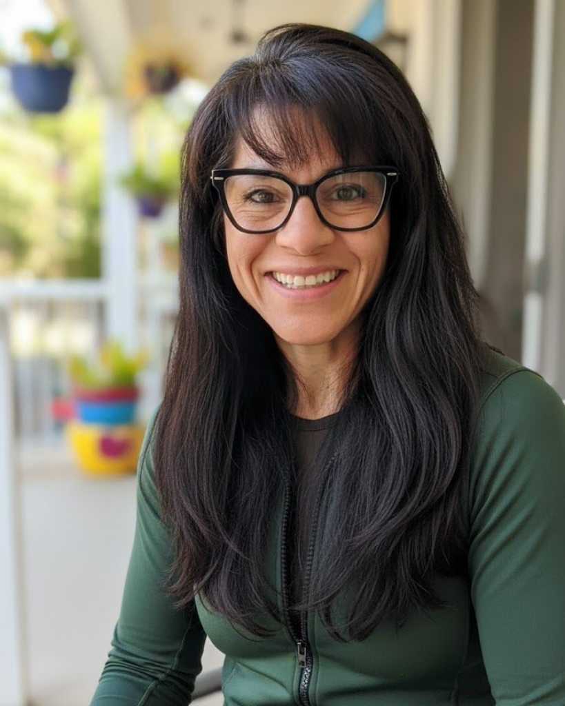 A woman is sitting at a desk using a laptop and a cell phone.