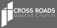 Logo for Cross Roads Baptist Church: white cross and overlapping shapes, gray background.