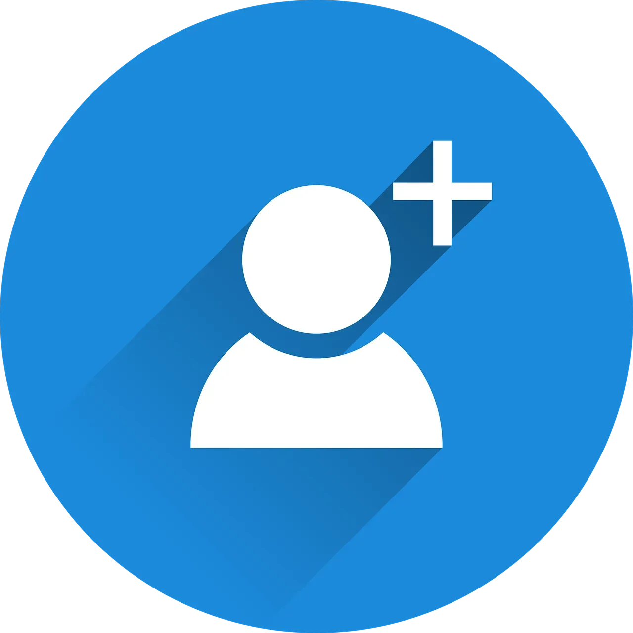 White person icon with plus sign, in a blue circle.