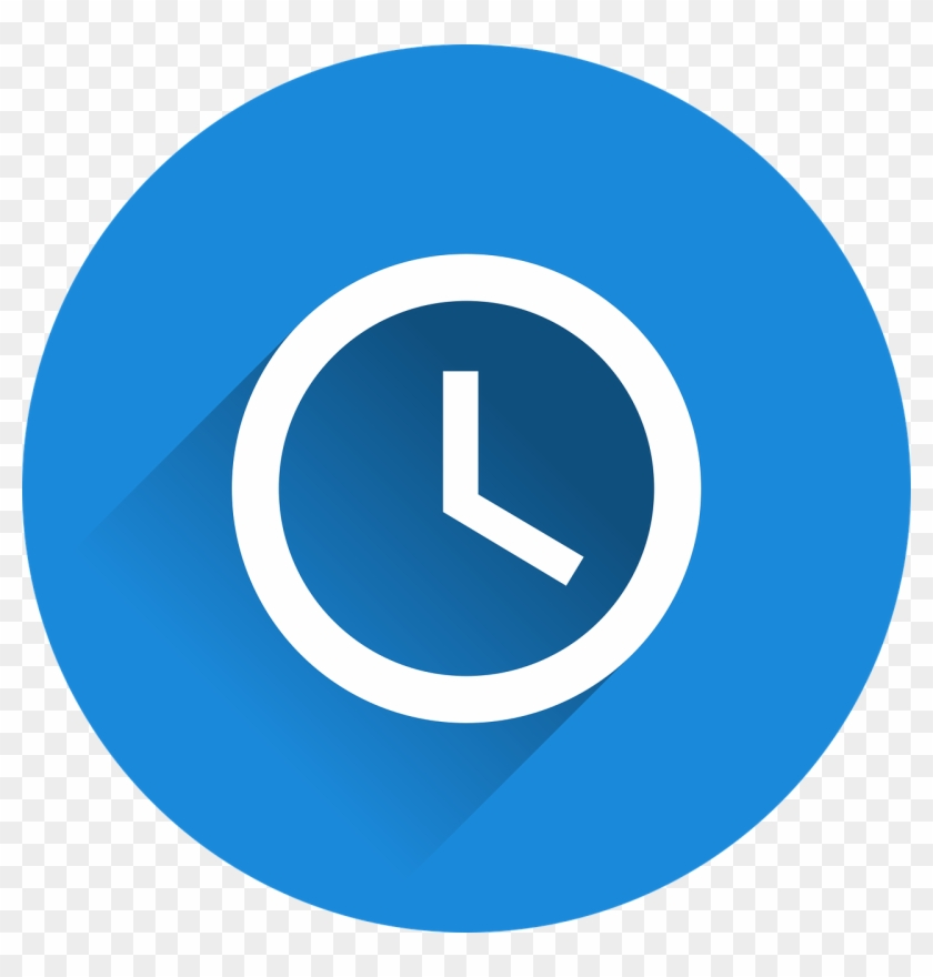 Clock icon, white clock hands on a blue circle, indicating 2 o'clock, long shadow.
