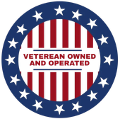 A veteran owned and operated logo with an american flag in the center