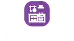 Kitchen icon, purple square, white stove, cabinets, utensils, and exhaust hood.