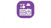 Kitchen icon, purple square, white stove, cabinets, utensils, and exhaust hood.