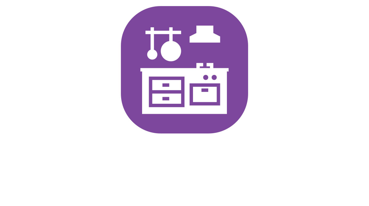 Kitchen icon, purple square, white stove, cabinets, utensils, and exhaust hood.