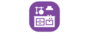 Kitchen icon, purple square, white stove, cabinets, utensils, and exhaust hood.