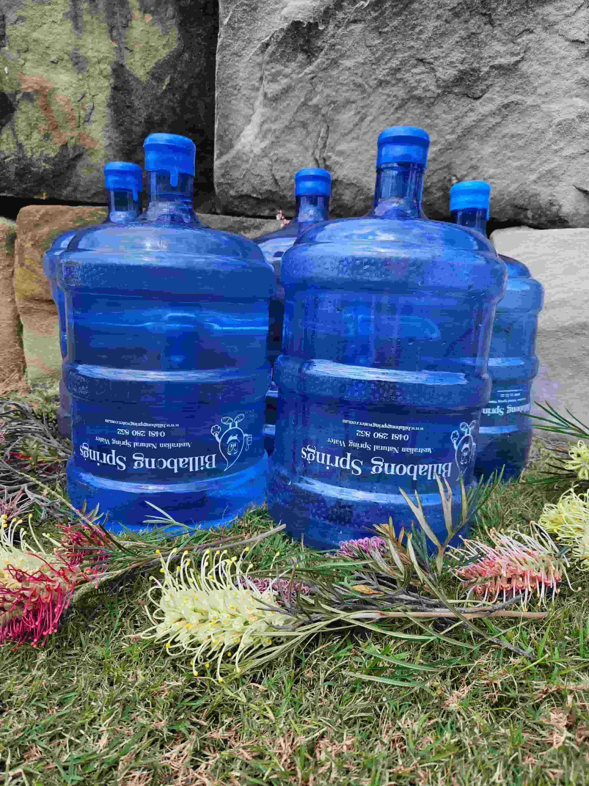 A Group Of Water Bottles Sitting On Top Of A Lush Green Field — Billabong Springs in Jimboomba, QLD