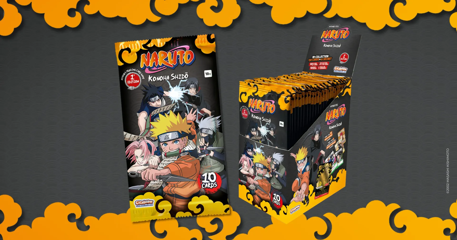 Naruto-themed merchandise set with Konohagakure village backdrop: trading cards, scrolls, kunai, and ramen bowl.