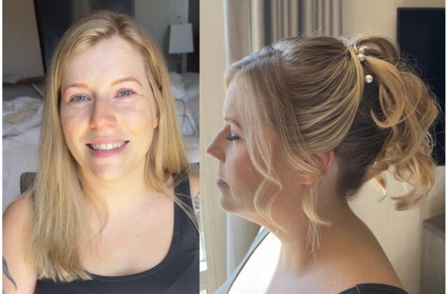 A before and after photo of a woman 's hair.