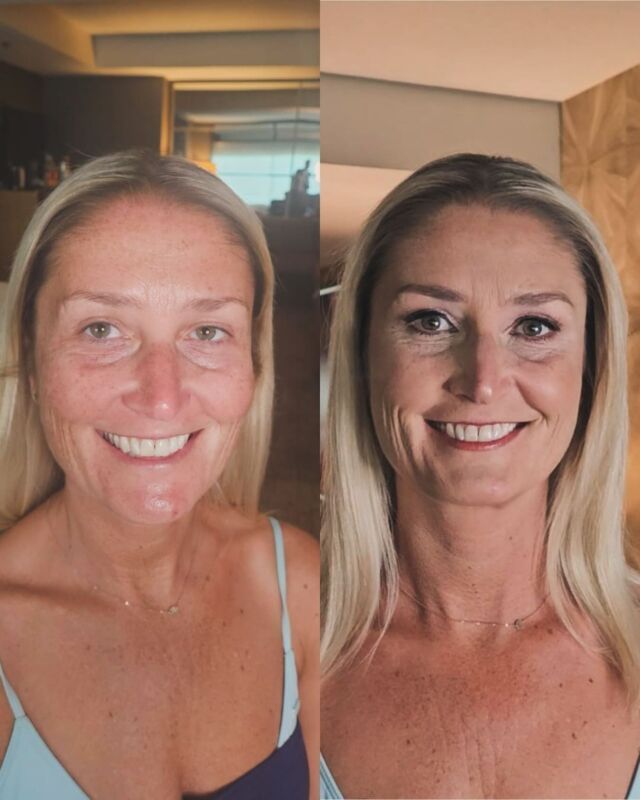 A before and after photo of a woman without makeup and smiling.