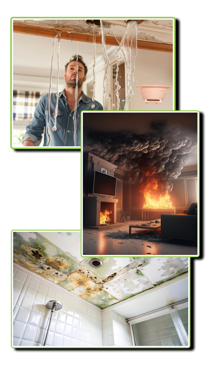 A representation of water damage, fire damage, mold damage